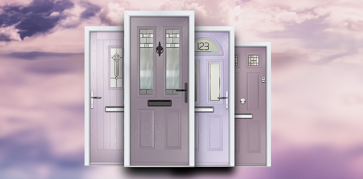 Lilac Blush, Mulholland Drive, Plum Blossom, and Moroccan Sunset. composite door colour